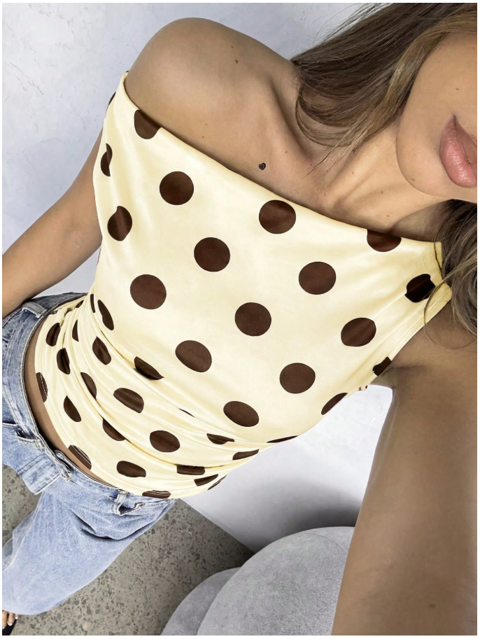 Crop top amarillo lunares marrón un hombro - 6077