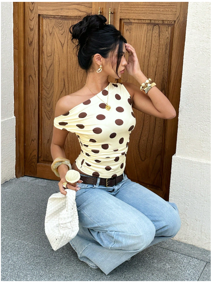 Crop top amarillo lunares marrón un hombro - 6077