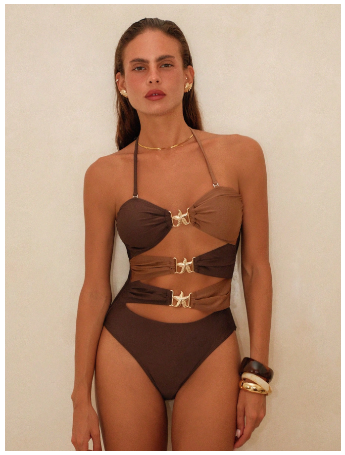 Traje de baño una pieza marrón 3 estrellas de mar frontales - 6079