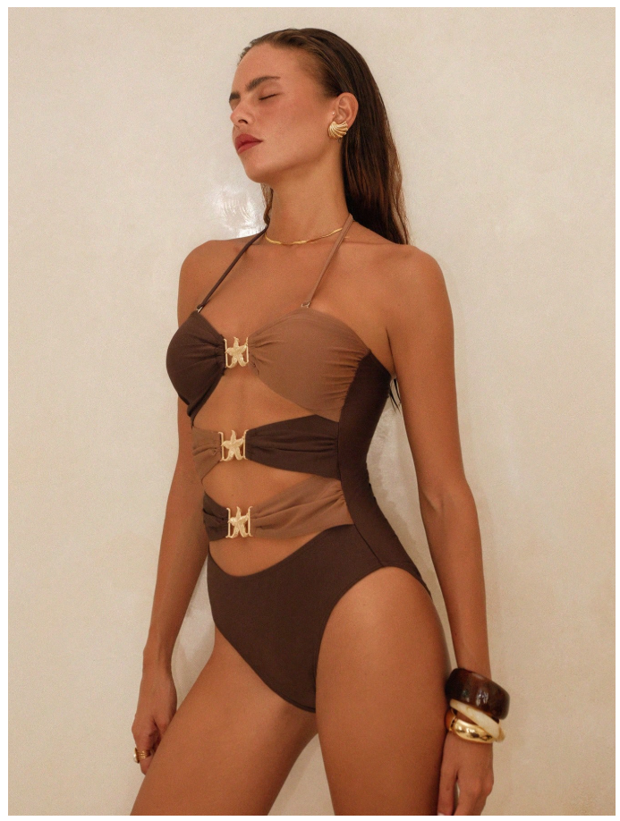 Traje de baño una pieza marrón 3 estrellas de mar frontales - 6079