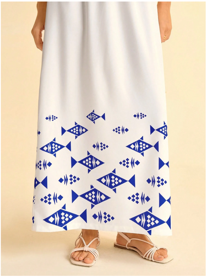 Vestido blanco largo halter estampado peces - 6084