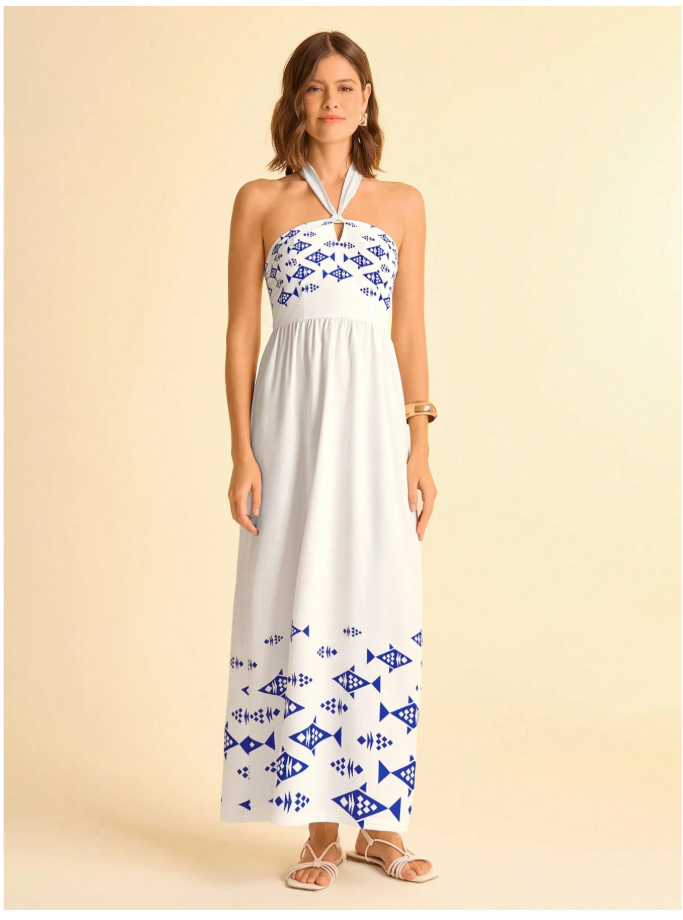 Vestido blanco largo halter estampado peces - 6084