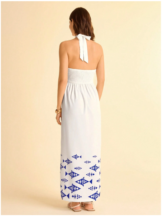 Vestido blanco largo halter estampado peces - 6084