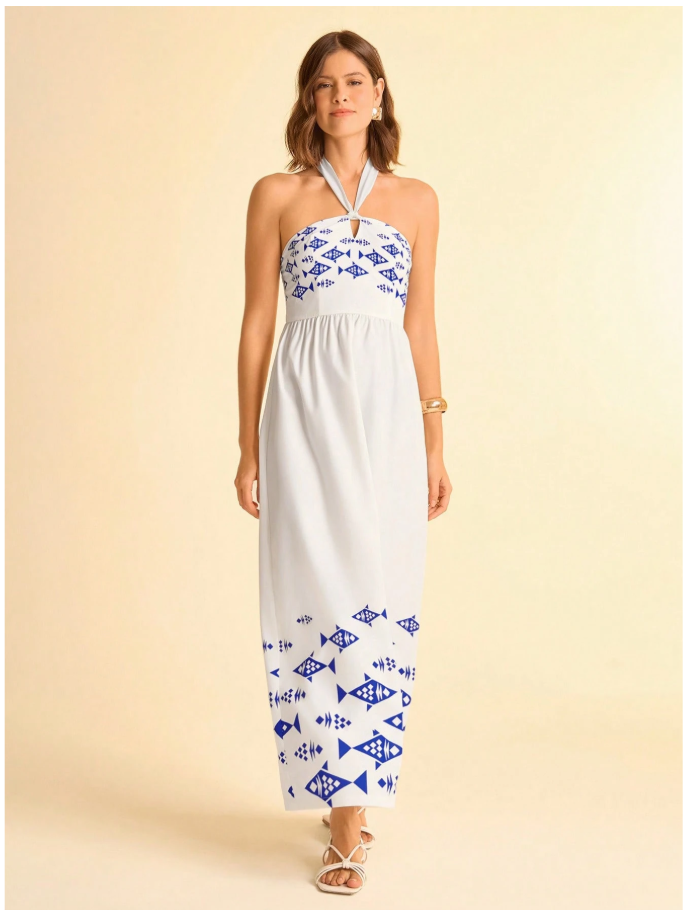 Vestido blanco largo halter estampado peces - 6084