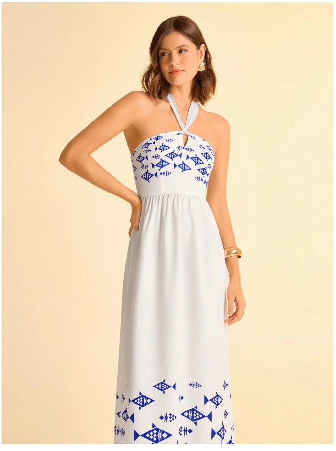 Vestido blanco largo halter estampado peces - 6084