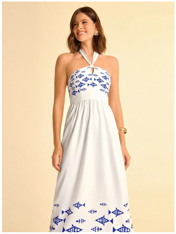 Vestido blanco largo halter estampado peces - 6084