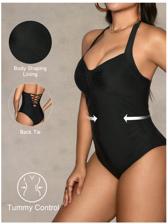 Traje de baño negro halter con control de abdomen - 6085