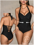 Traje de baño negro halter con control de abdomen - 6085