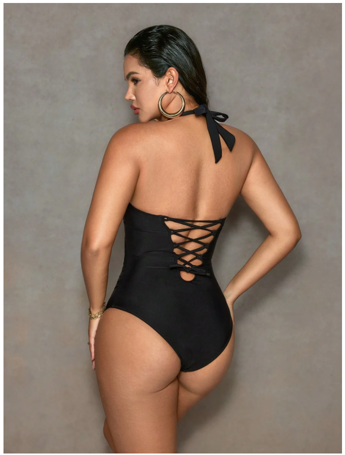 Traje de baño negro halter con control de abdomen - 6085