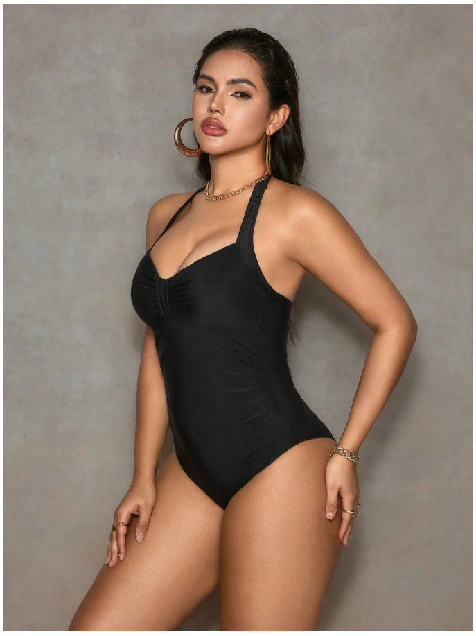 Traje de baño negro halter con control de abdomen - 6085