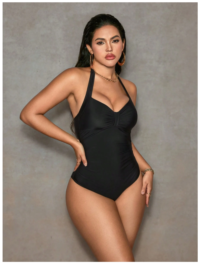 Traje de baño negro halter con control de abdomen - 6085