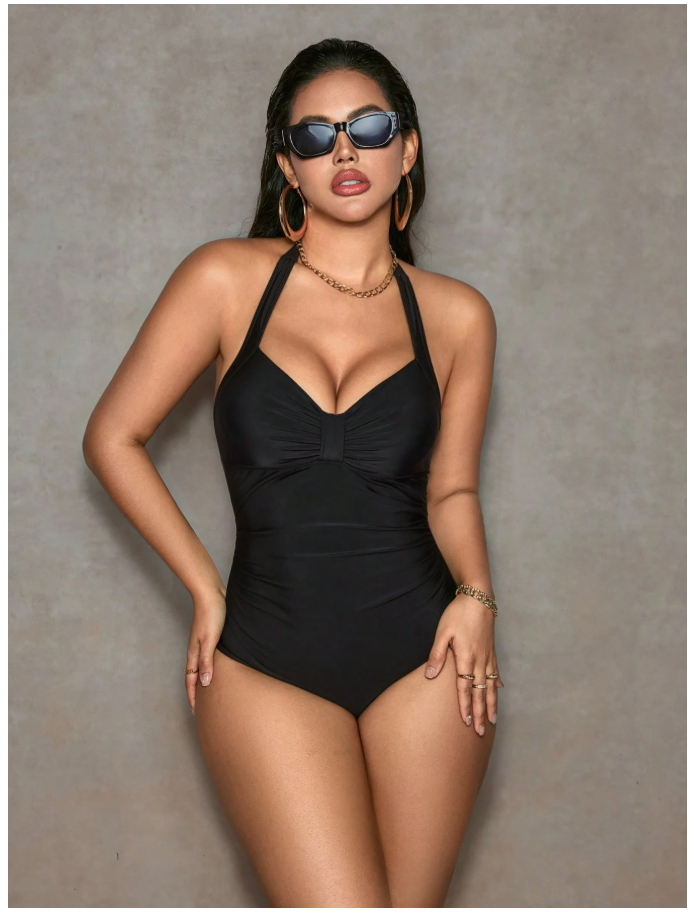 Traje de baño negro halter con control de abdomen - 6085