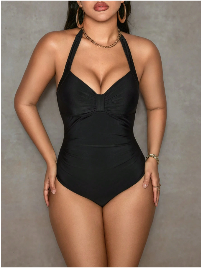 Traje de baño negro halter con control de abdomen - 6085