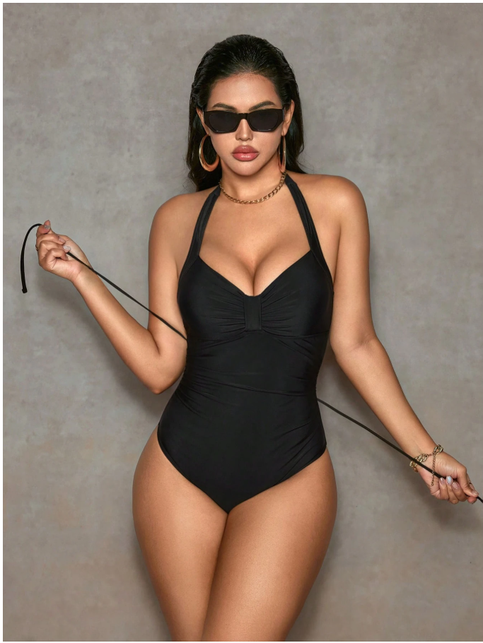 Traje de baño negro halter con control de abdomen - 6085