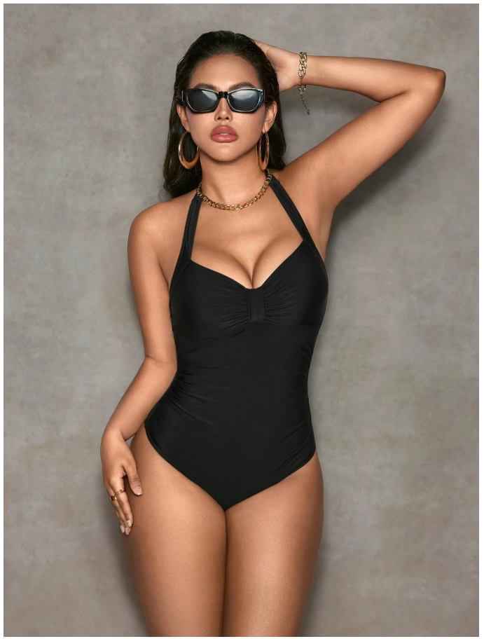 Traje de baño negro halter con control de abdomen - 6085