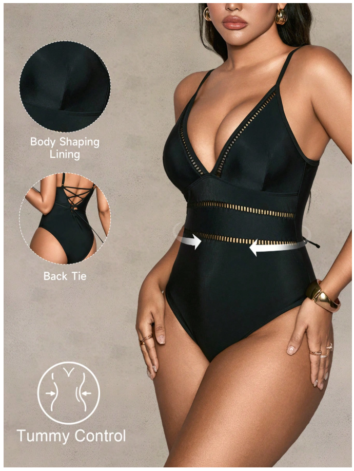 Traje de baño negro halter con detalles en cintura control abdomen - 6086