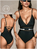 Traje de baño negro halter con detalles en cintura control abdomen - 6086
