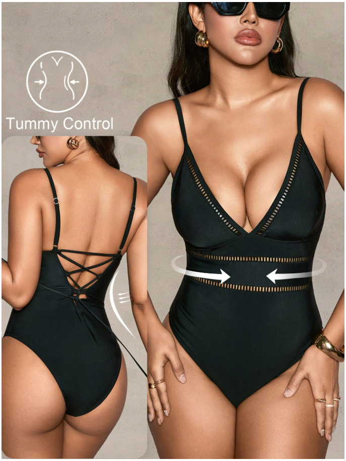 Traje de baño negro halter con detalles en cintura control abdomen - 6086