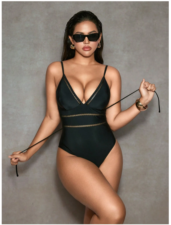 Traje de baño negro halter con detalles en cintura control abdomen - 6086