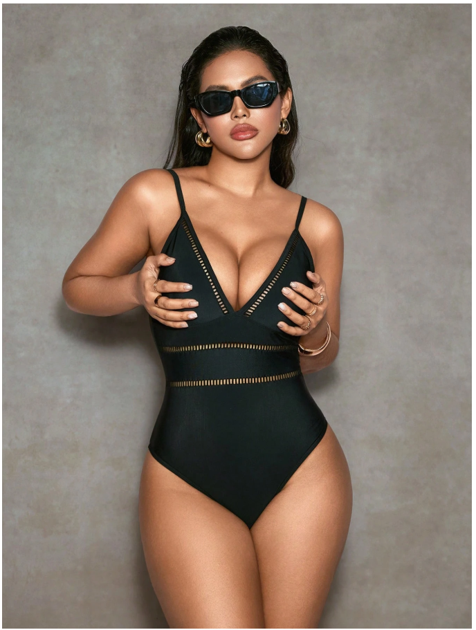 Traje de baño negro halter con detalles en cintura control abdomen - 6086