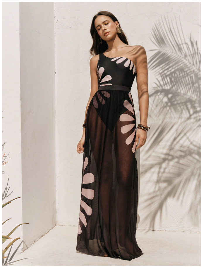 Traje de baño set una pieza & salida de baño negro con flor - 6087