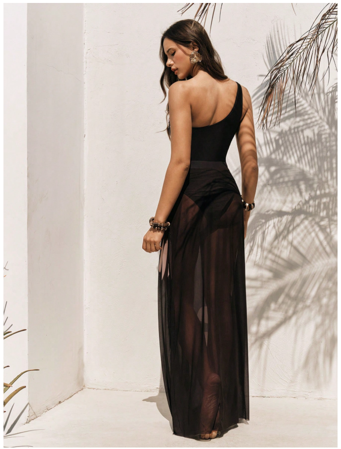 Traje de baño set una pieza & salida de baño negro con flor - 6087