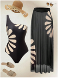 Traje de baño set una pieza & salida de baño negro con flor - 6087