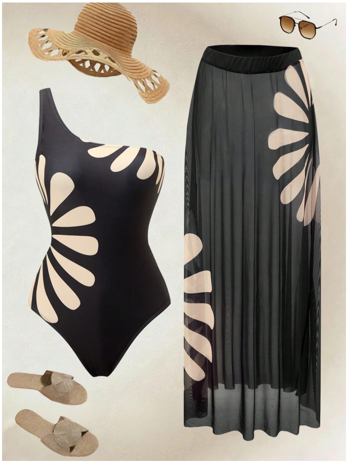 Traje de baño set una pieza & salida de baño negro con flor - 6087
