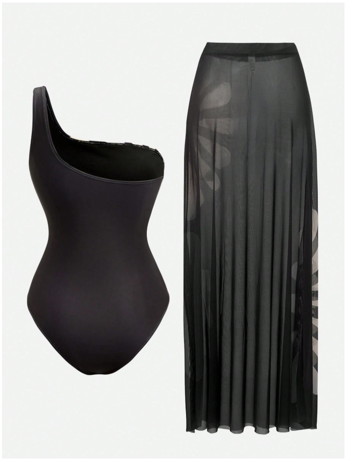 Traje de baño set una pieza & salida de baño negro con flor - 6087