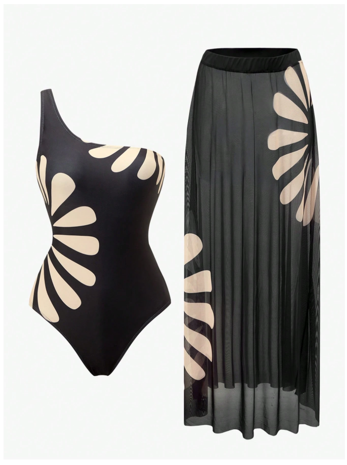 Traje de baño set una pieza & salida de baño negro con flor - 6087