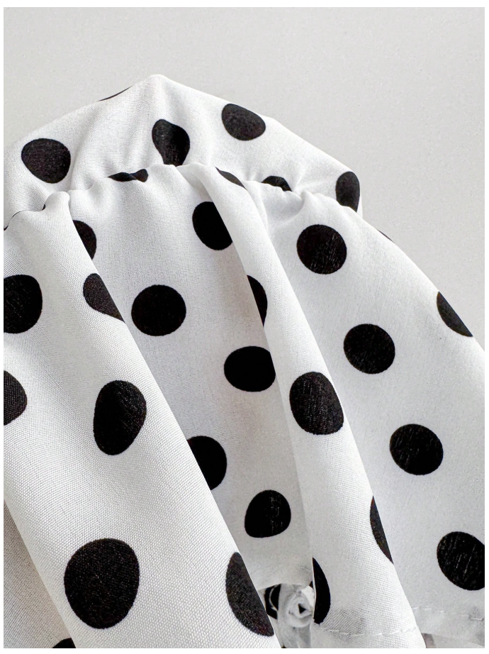 Crop top blanco lunares negros de tirantes & cintura fruncida - 6089