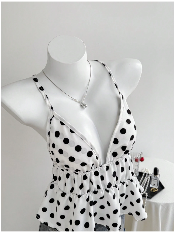 Crop top blanco lunares negros de tirantes & cintura fruncida - 6089