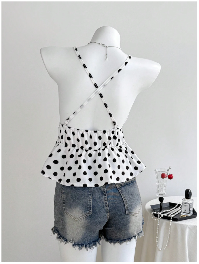 Crop top blanco lunares negros de tirantes & cintura fruncida - 6089