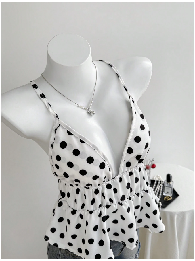 Crop top blanco lunares negros de tirantes & cintura fruncida - 6089