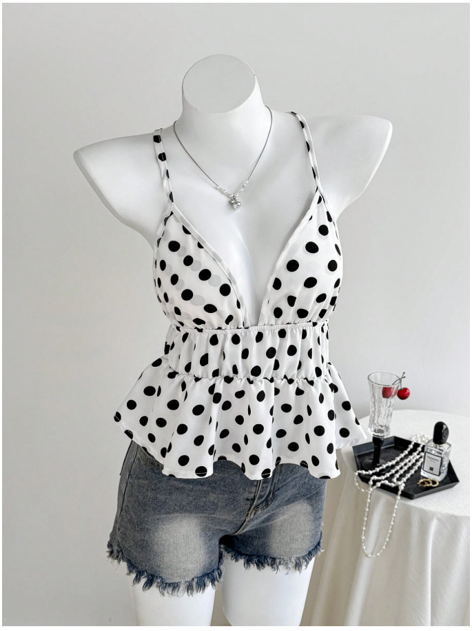 Crop top blanco lunares negros de tirantes & cintura fruncida - 6089