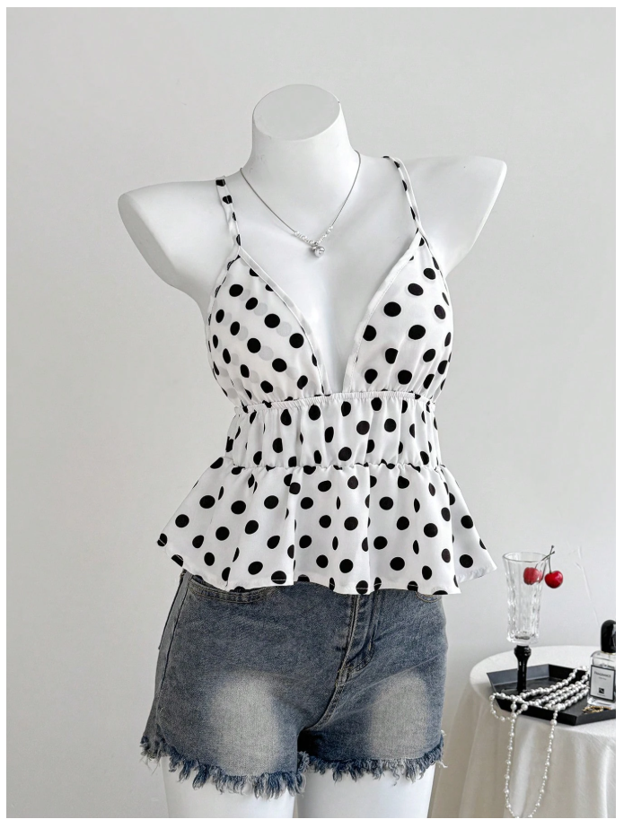Crop top blanco lunares negros de tirantes & cintura fruncida - 6089