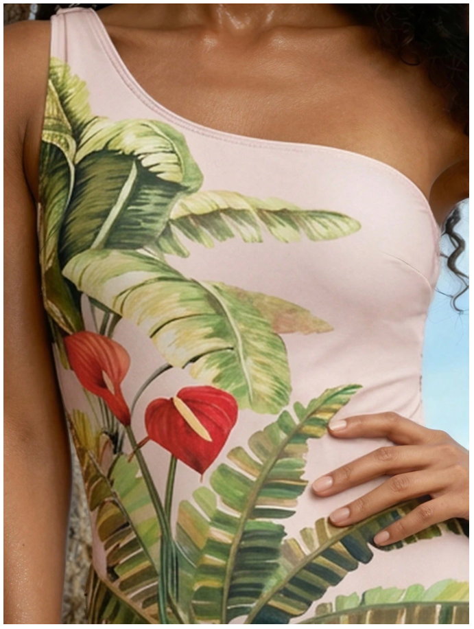 Traje de baño rosa una pieza estampado palmeras - 6090