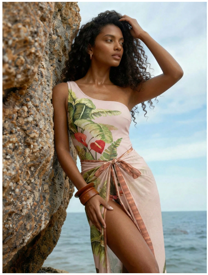 Traje de baño rosa una pieza estampado palmeras - 6090