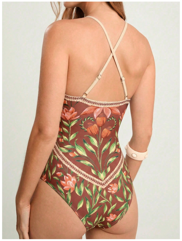 Traje de baño fondo burdeos una pieza estampado floral - 6091