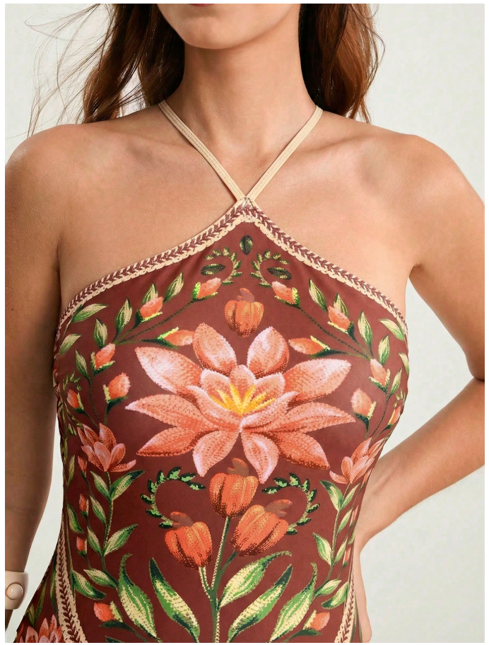 Traje de baño fondo burdeos una pieza estampado floral - 6091