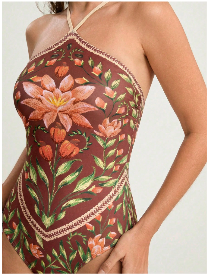 Traje de baño fondo burdeos una pieza estampado floral - 6091
