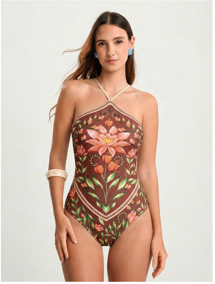 Traje de baño fondo burdeos una pieza estampado floral - 6091