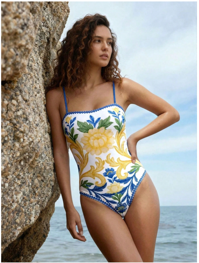 Traje de baño fondo blanco una pieza estampado flores amarillas - 6092