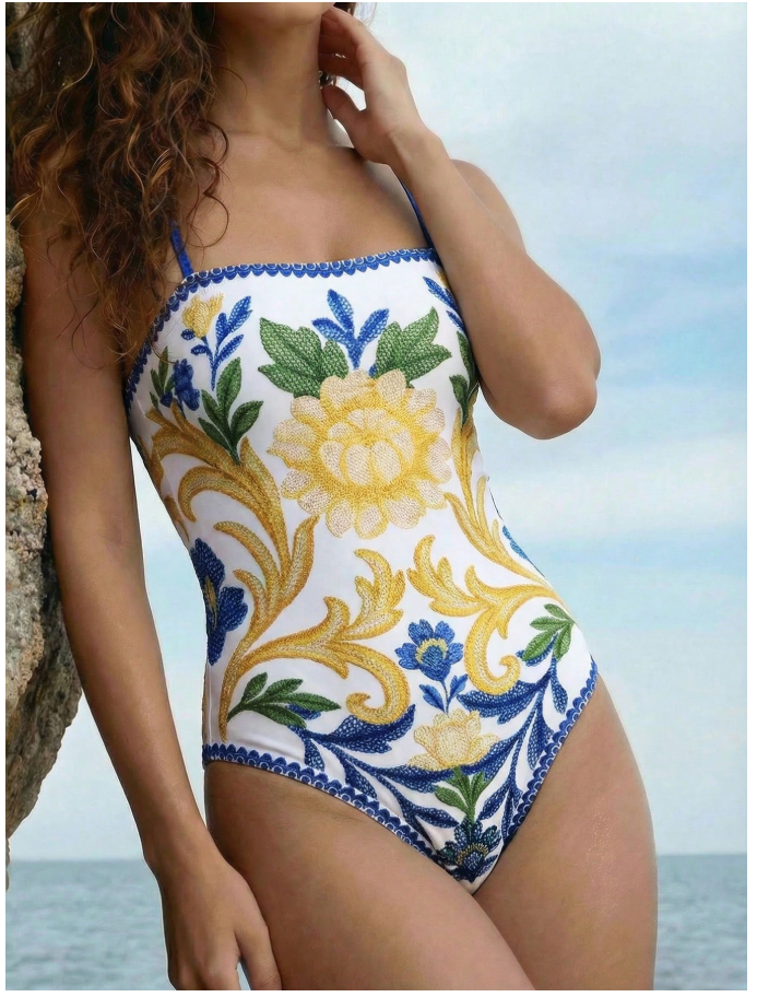 Traje de baño fondo blanco una pieza estampado flores amarillas - 6092