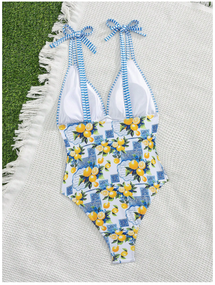 Traje de baño una pieza estampado limones escote V profundo - 6094