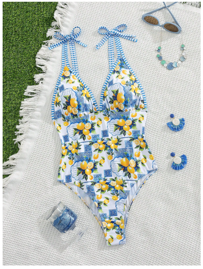 Traje de baño una pieza estampado limones escote V profundo - 6094