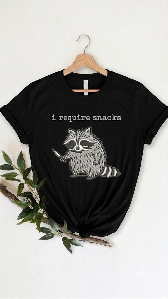 Camisa negra estampada mapache I require snacks 100% algodón oversize - 6097