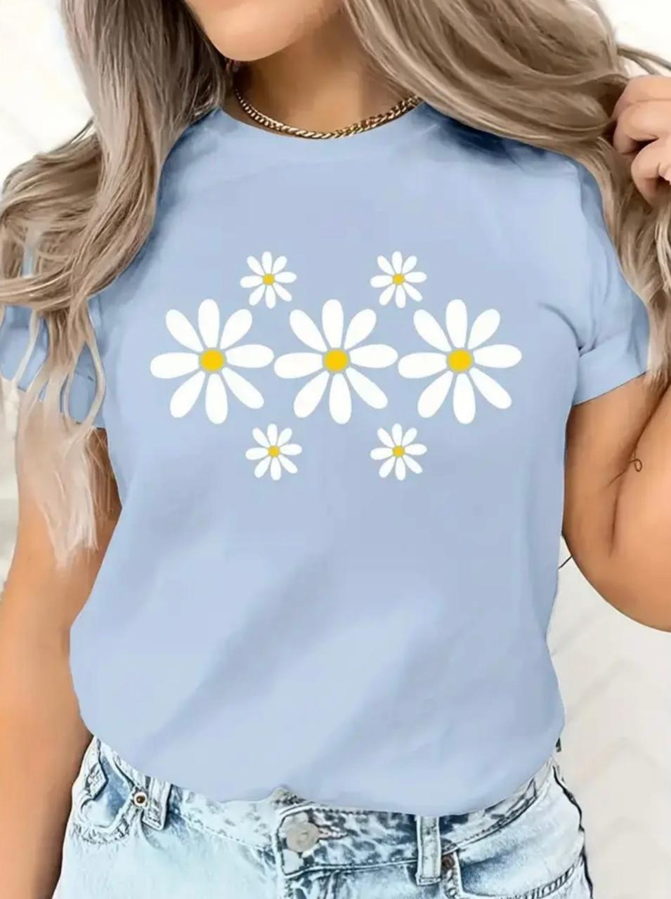 Camisa celeste estampado margaritas 100% algodón oversize - 6099