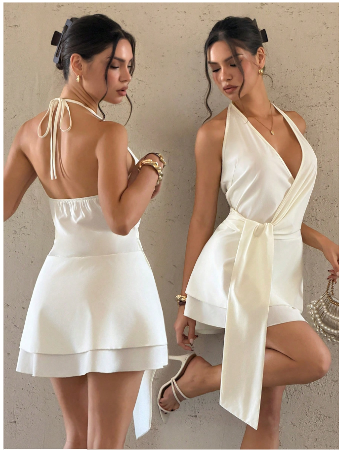 Vestido mini albaricoque halter tira frontal - 6100