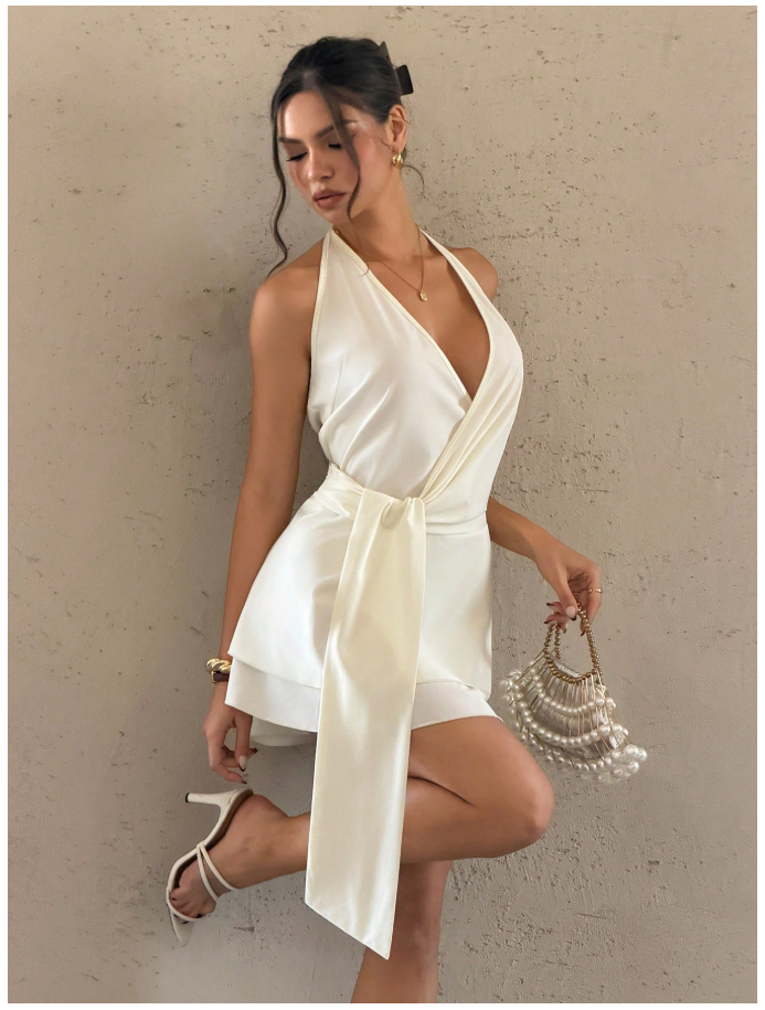 Vestido mini albaricoque halter tira frontal - 6100